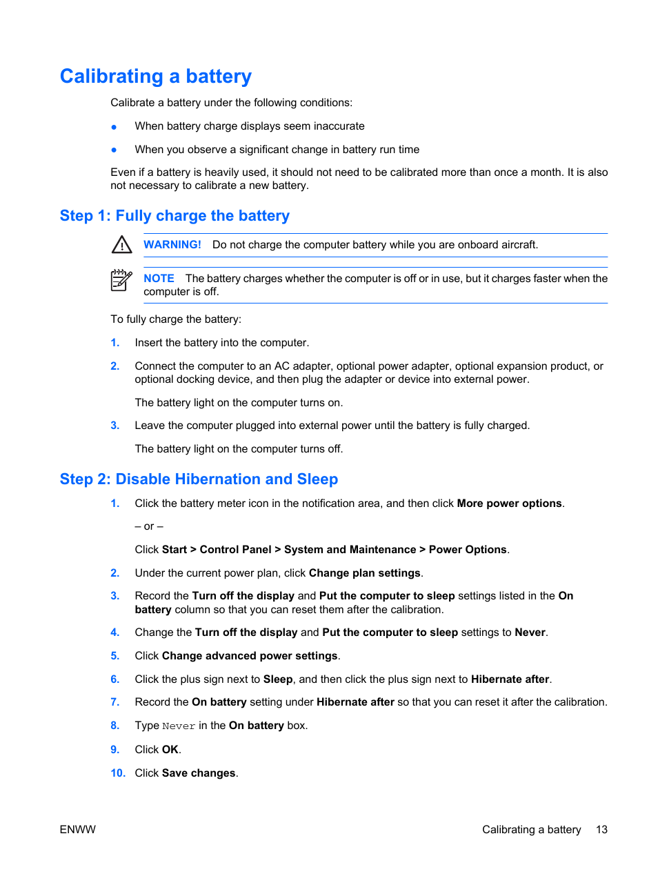 Calibrating a battery, Step 1: fully charge the battery, Step 2: disable hibernation and sleep | HP Power Management User Manual | Page 17 / 27