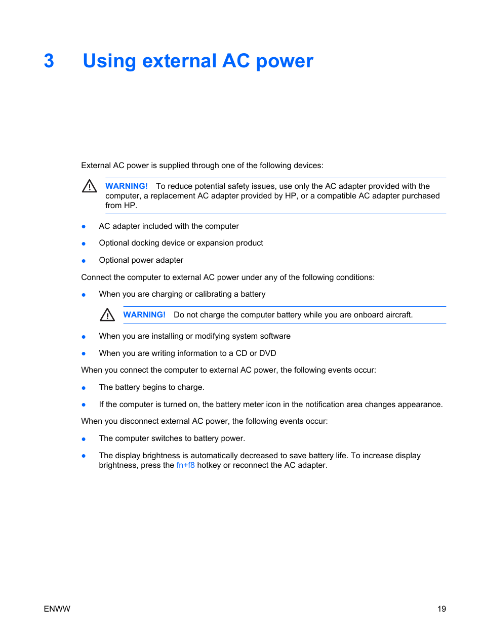 Using external ac power, 3 using external ac power, 3using external ac power | HP Power Management User Manual | Page 23 / 27