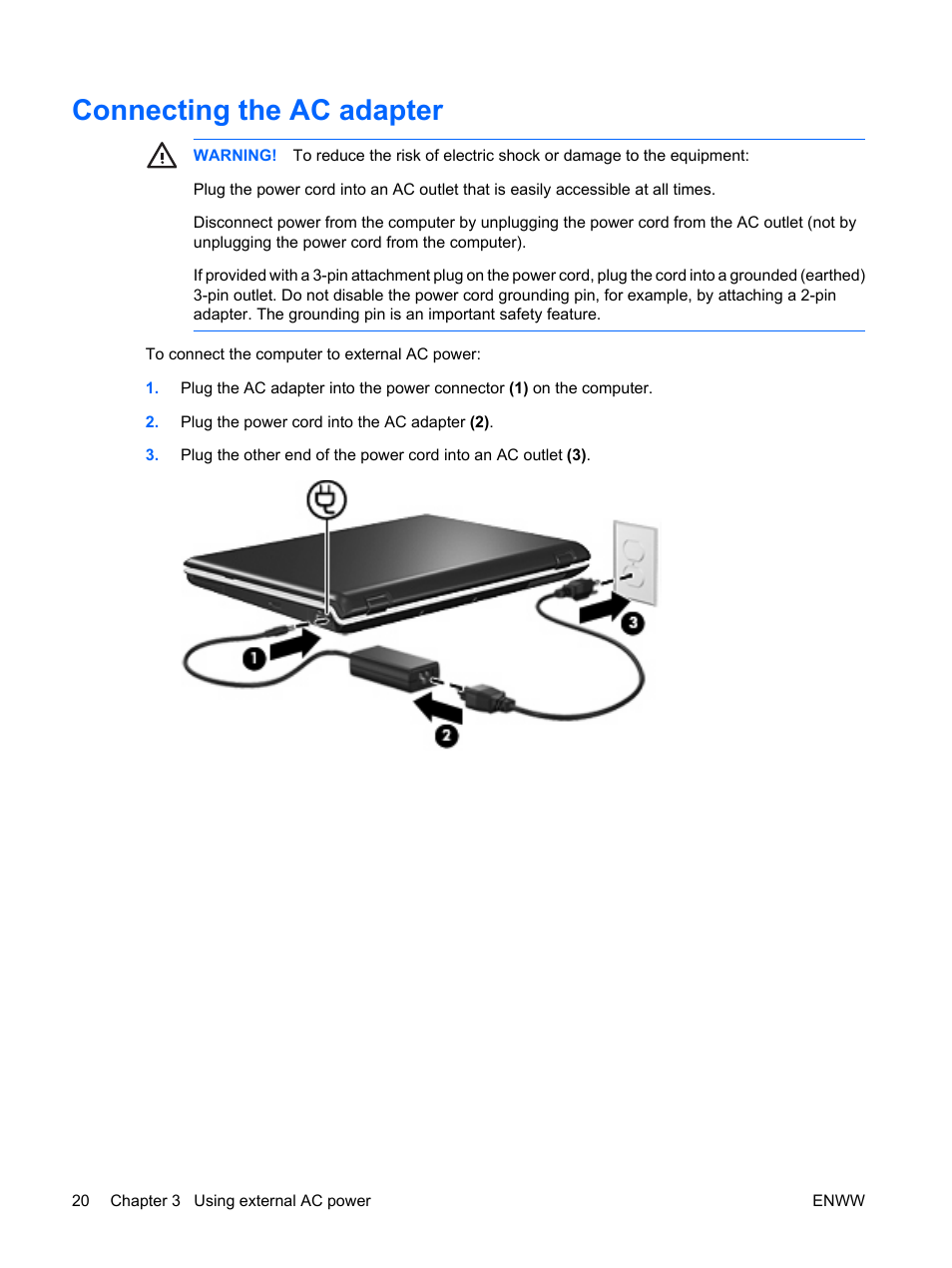 Connecting the ac adapter | HP Power Management User Manual | Page 24 / 27