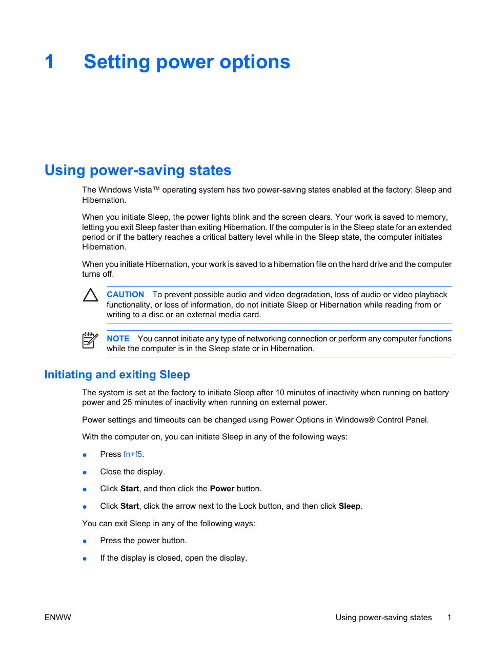Setting power options, Using power-saving states, Initiating and exiting sleep | 1 setting power options, 1setting power options | HP Power Management User Manual | Page 5 / 27