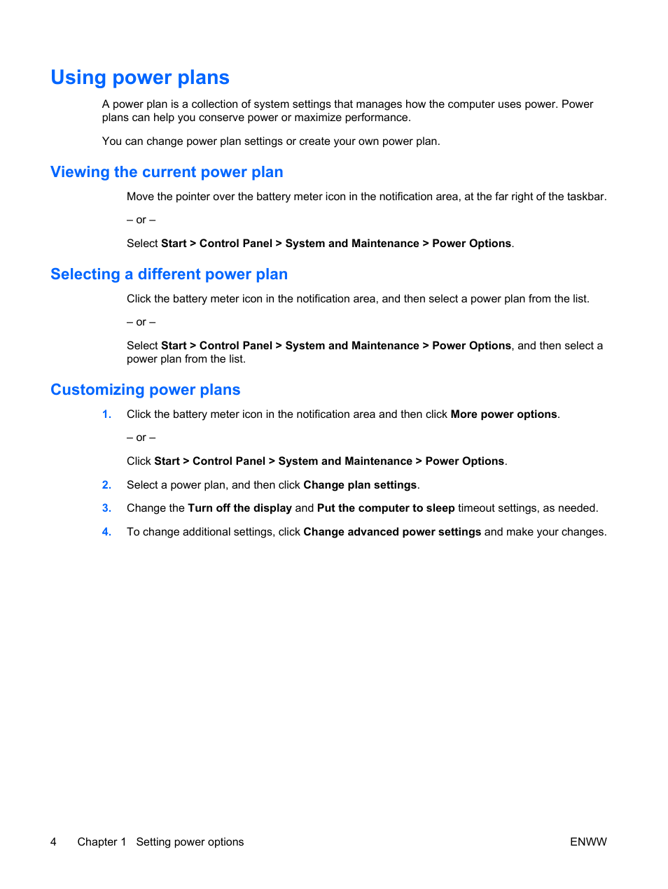 Using power plans, Viewing the current power plan, Selecting a different power plan | Customizing power plans | HP Power Management User Manual | Page 8 / 27