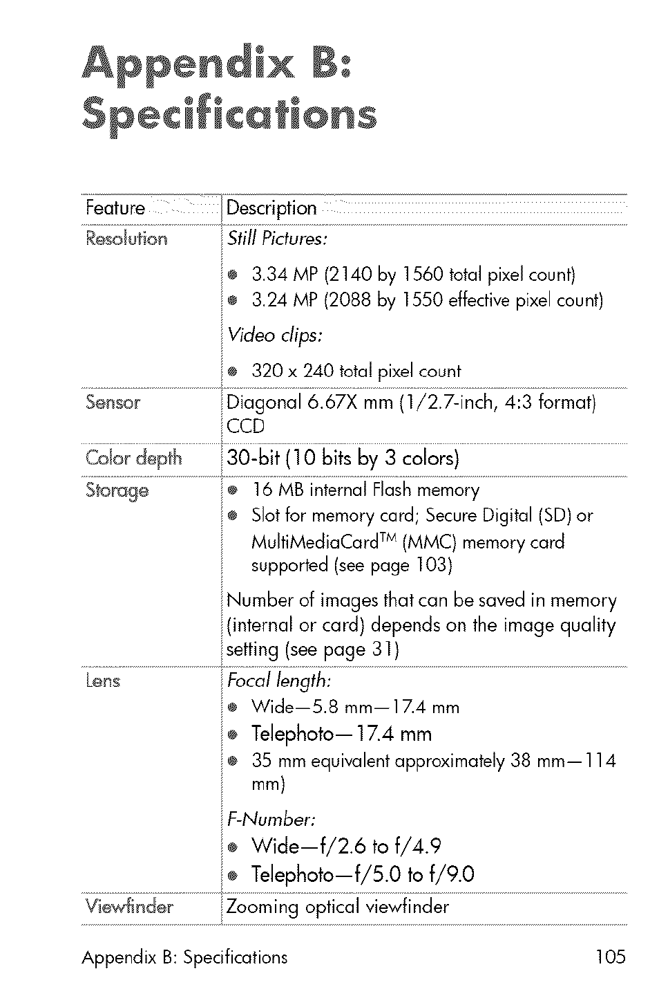 Appendix b: specifications, Still pictures, Video dips | HP 730 User Manual | Page 103 / 115