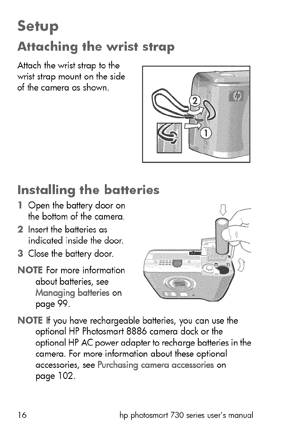 Attaching the wrist strap, Installing the batteries | HP 730 User Manual | Page 14 / 115