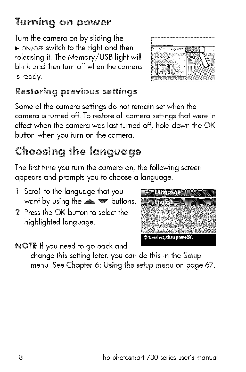 Iwriiing on power, Choosing the language, Restoring prewious settings | HP 730 User Manual | Page 16 / 115