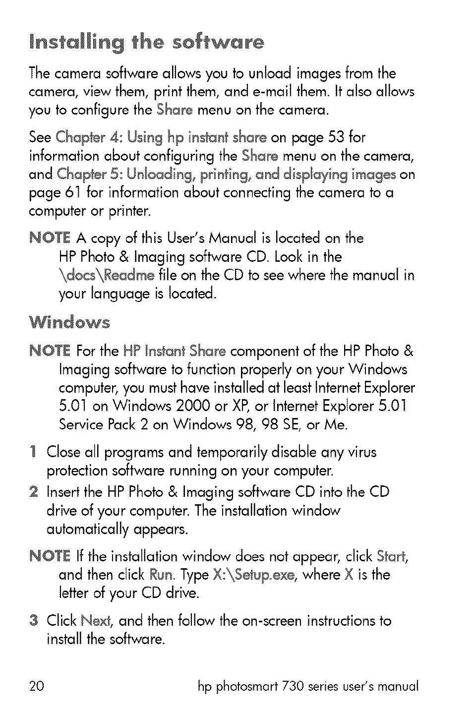 Fnstoliing the software, Windows | HP 730 User Manual | Page 18 / 115