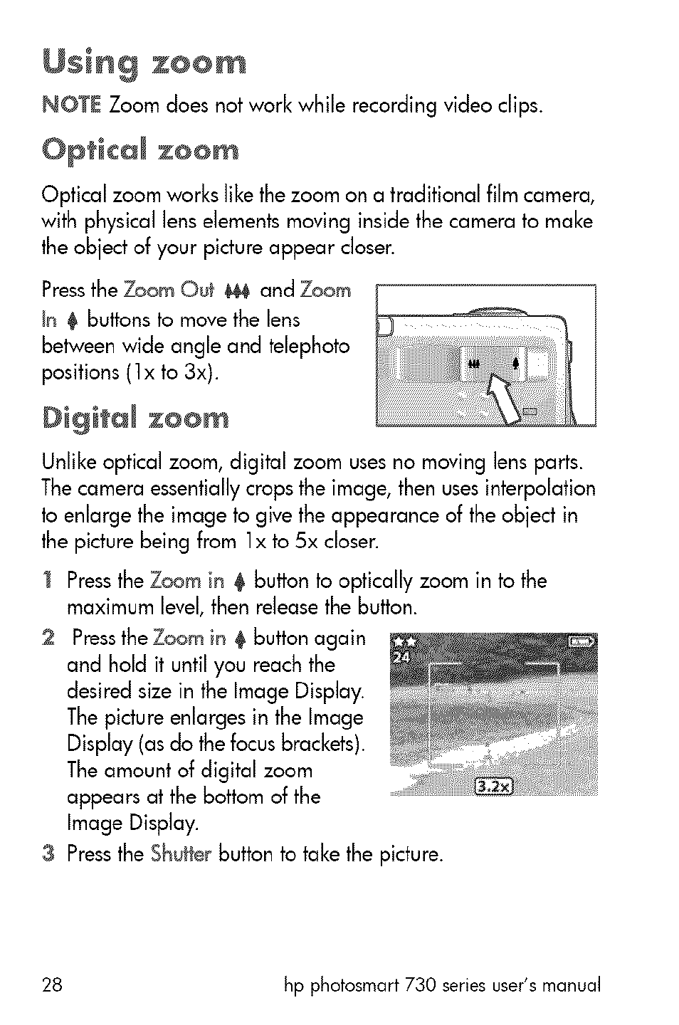 Using zoom, Optical zoom, Digital zoom | HP 730 User Manual | Page 26 / 115