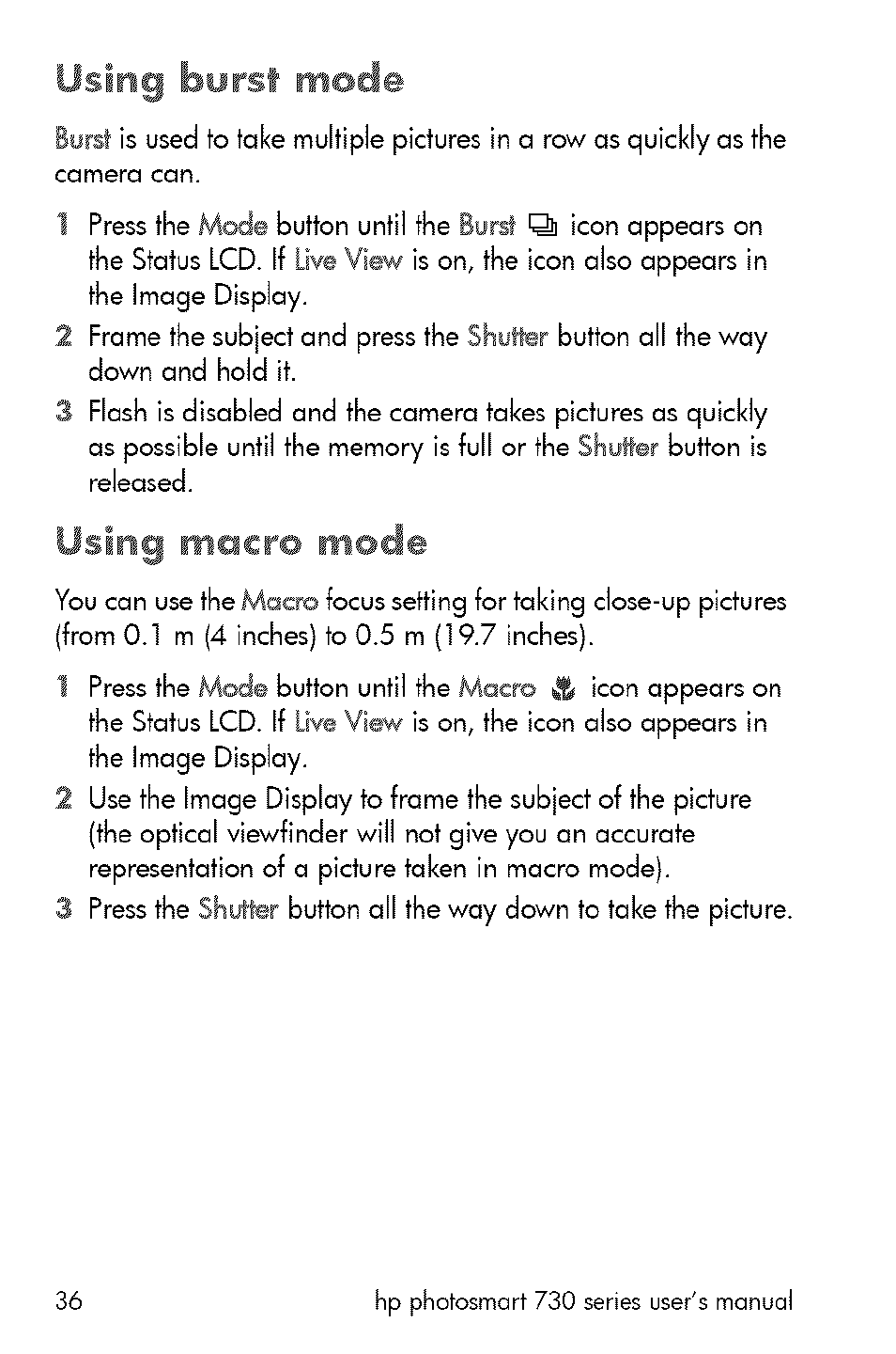 Using burst mode, Using macro mode | HP 730 User Manual | Page 34 / 115