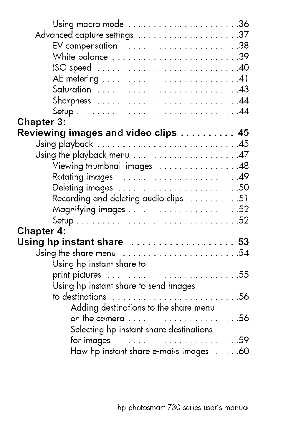 Chapter 3: reviewing images and video clips, Chapter 4: using hp instant share 3 | HP 730 User Manual | Page 4 / 115