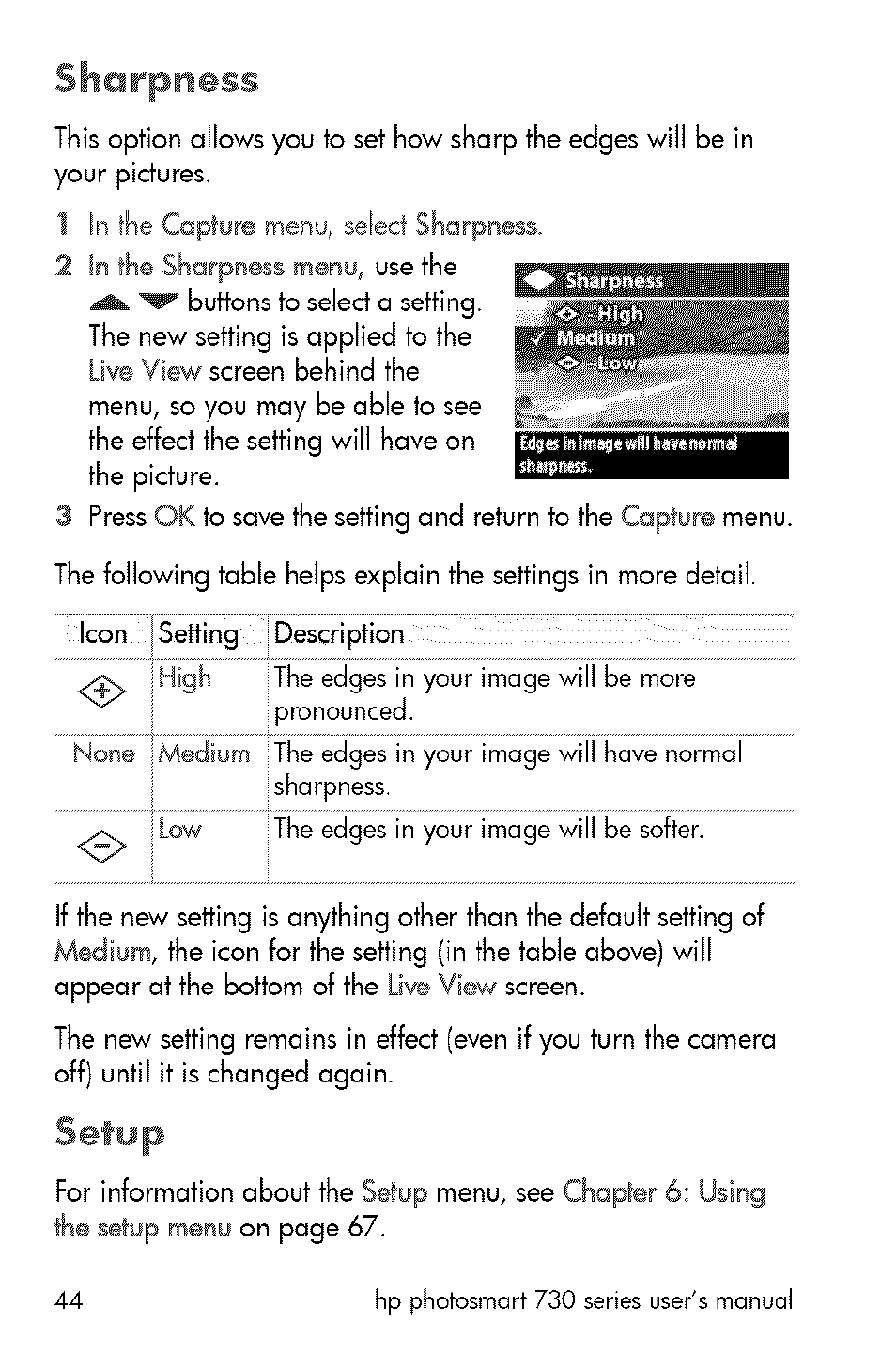 Sharpness, Setup | HP 730 User Manual | Page 42 / 115