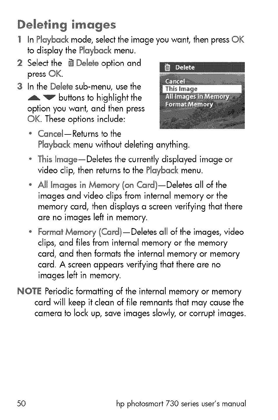 Deleting imoges | HP 730 User Manual | Page 48 / 115
