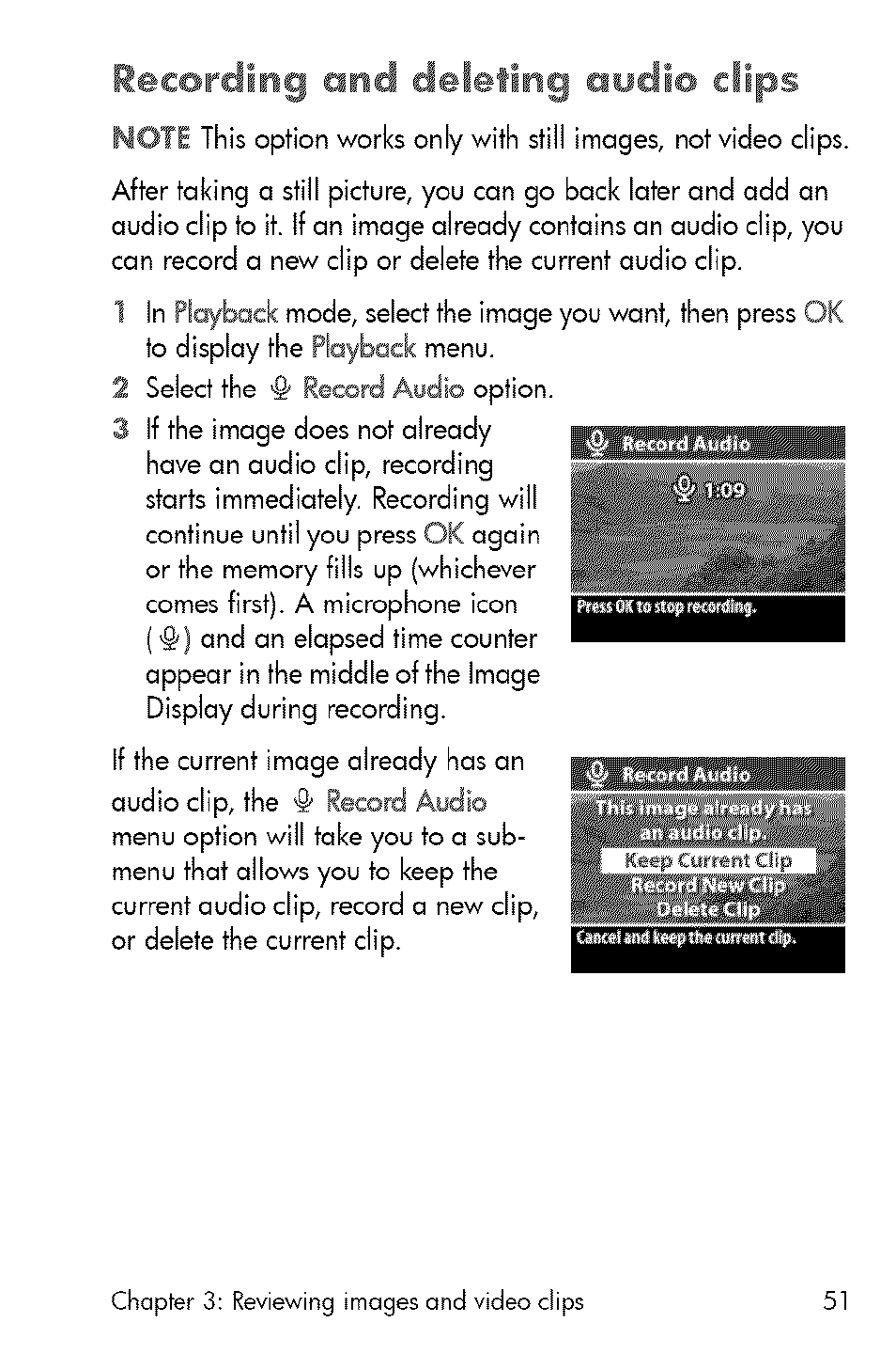Recording and deleting «odio clips | HP 730 User Manual | Page 49 / 115