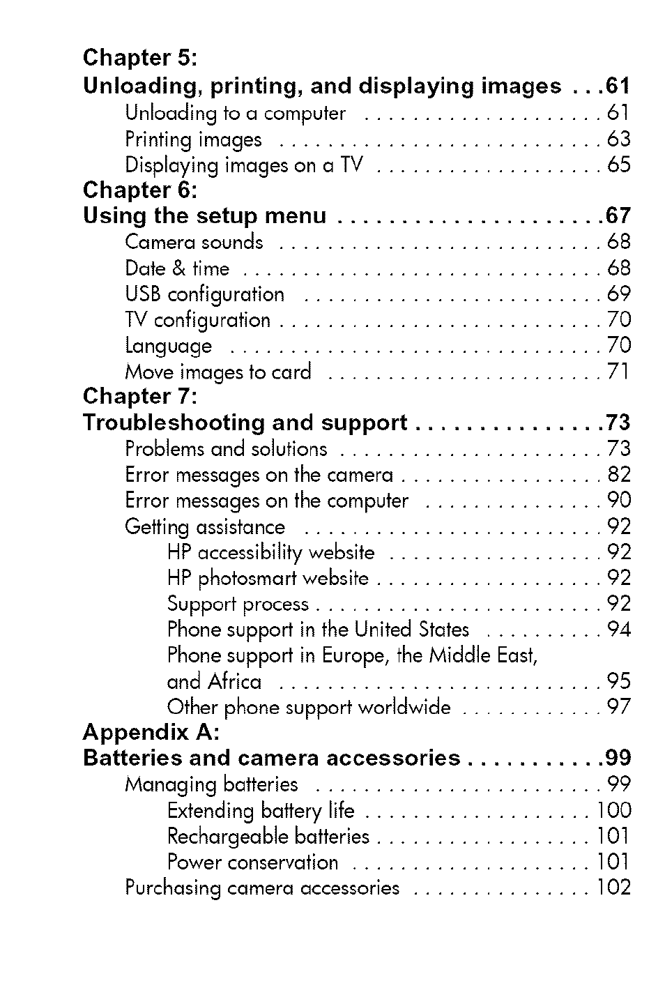 Chapter 6: using the setup menu, Chapter 7: troubleshooting and support, Appendix a: batteries and camera accessories | HP 730 User Manual | Page 5 / 115