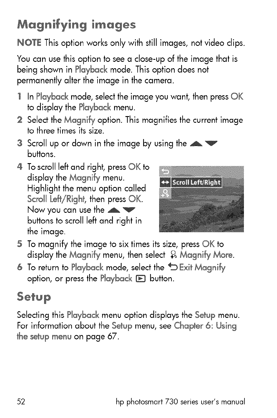 Setup, Magnifying imciges | HP 730 User Manual | Page 50 / 115