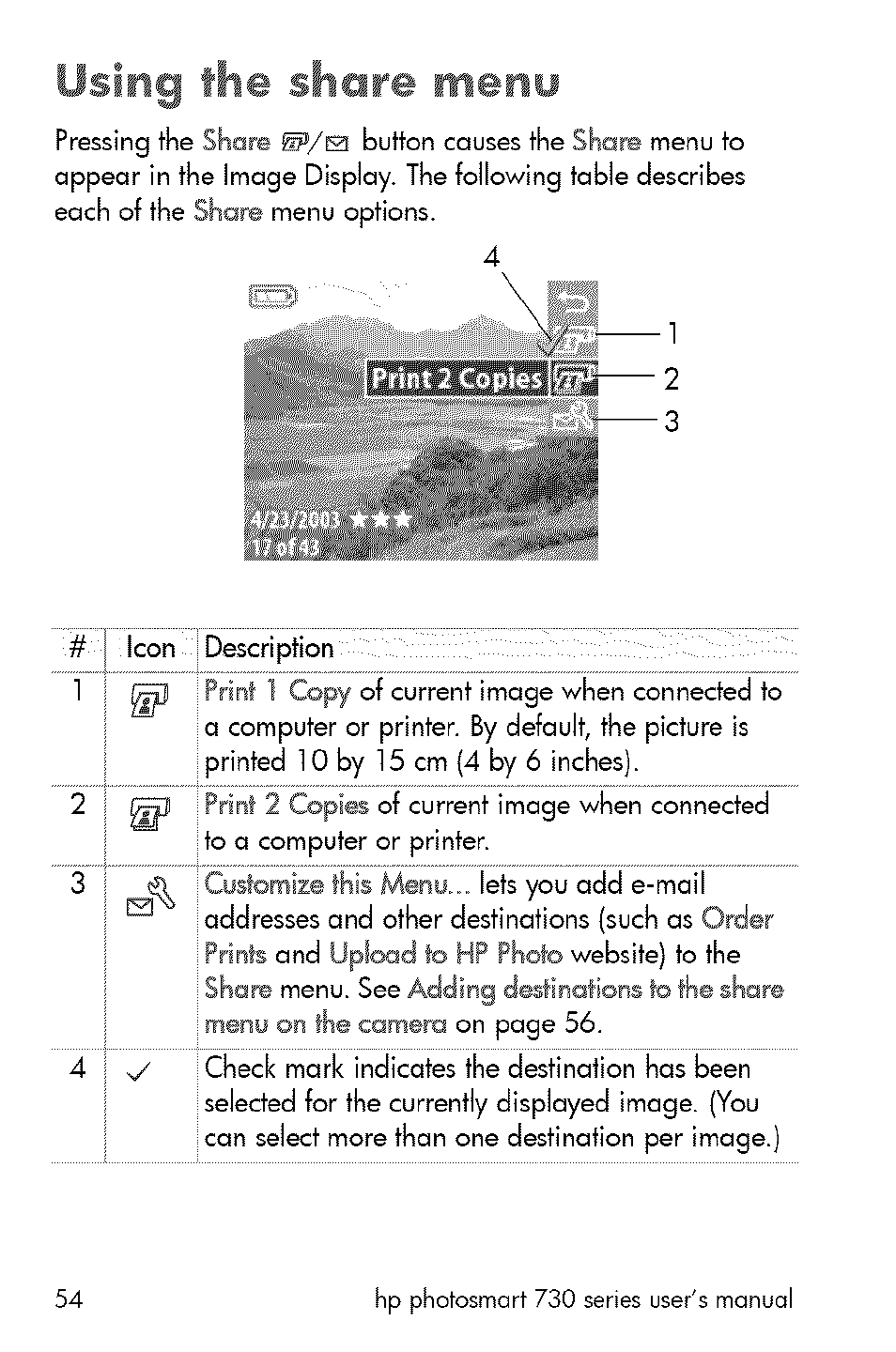 Using the share menu | HP 730 User Manual | Page 52 / 115