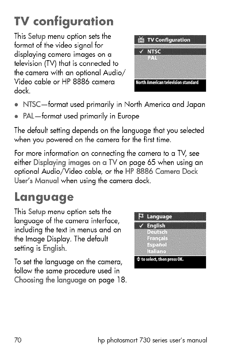 Tv configuration, Language | HP 730 User Manual | Page 68 / 115