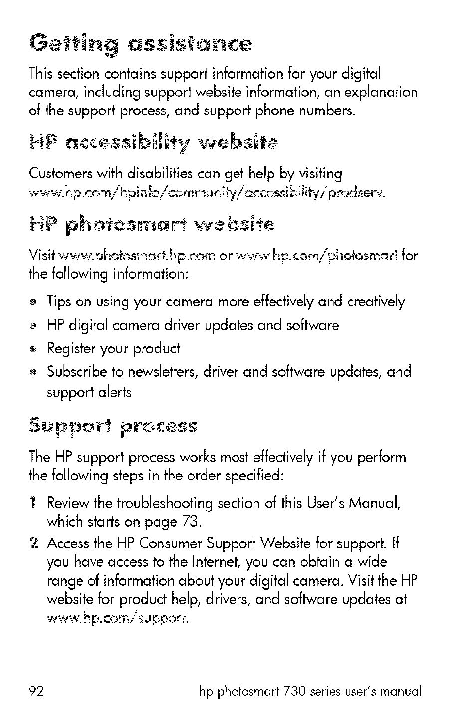 Getting, Hp accessibility website, Hp photosmart website | Support process | HP 730 User Manual | Page 90 / 115