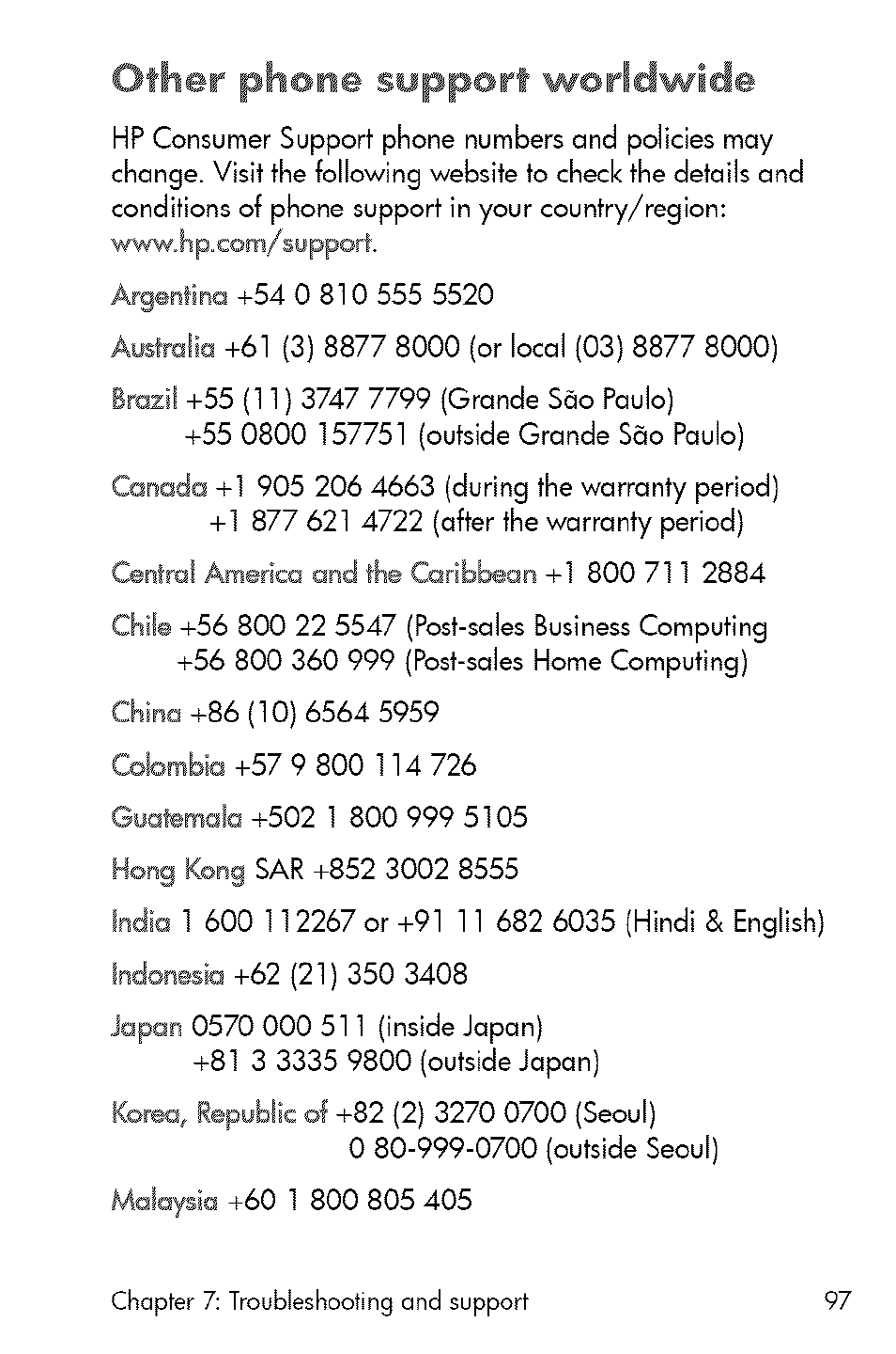 Other phone support worldwide | HP 730 User Manual | Page 95 / 115