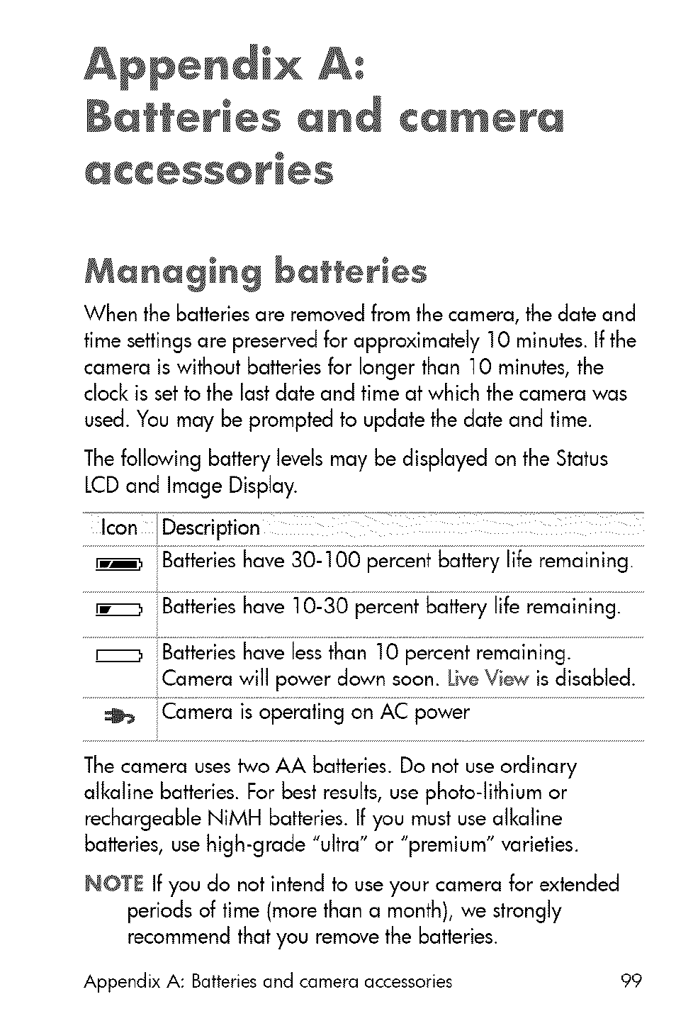 Appendix a: batteries and camera accessories, Managir-«/ ^>afferies | HP 730 User Manual | Page 97 / 115