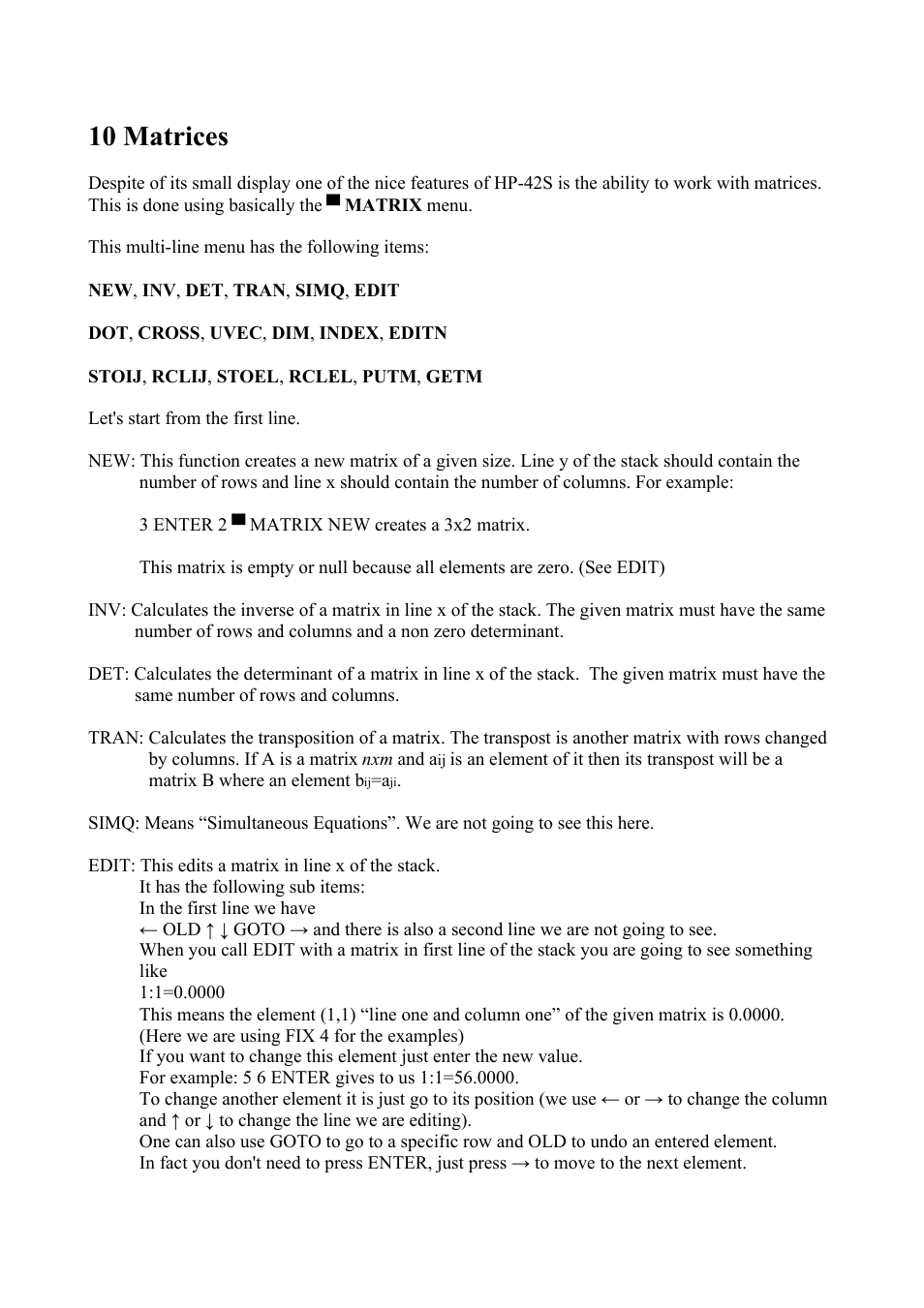 10 matrices | HP 42S User Manual | Page 28 / 33