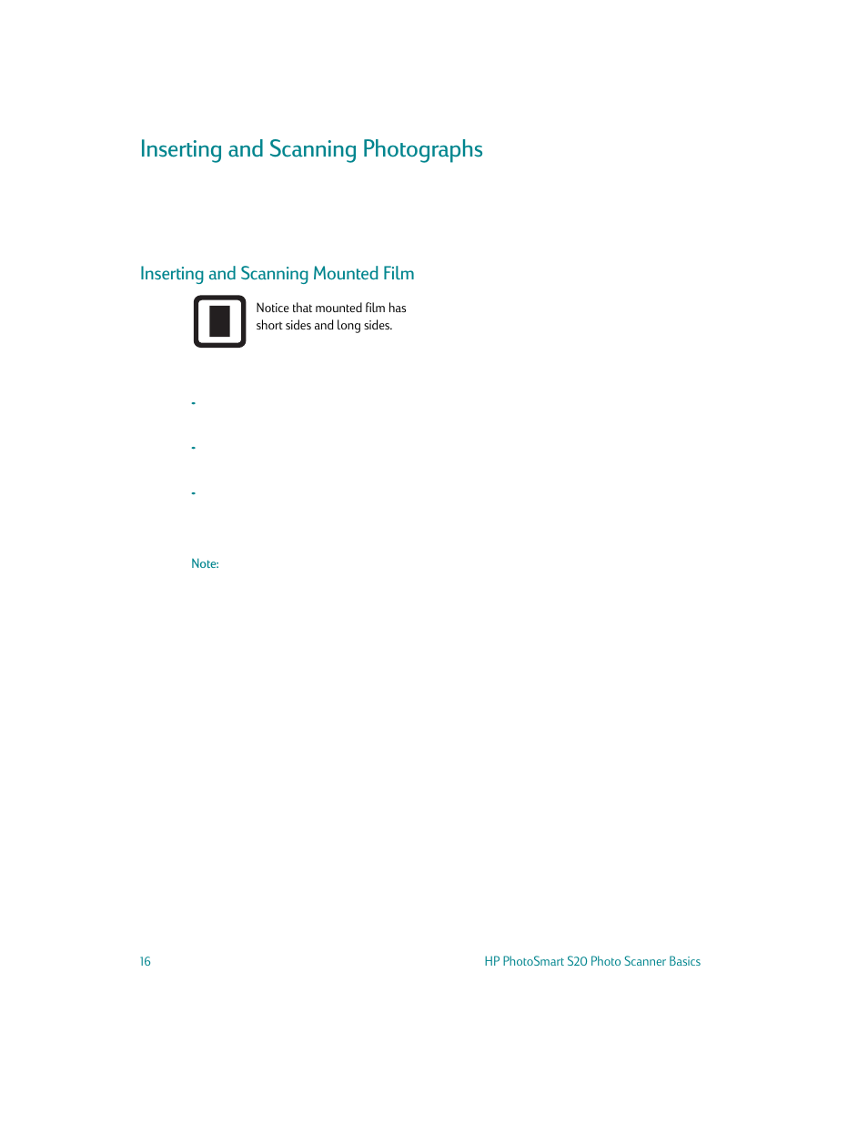 Inserting and scanning photographs, Inserting and scanning mounted film | HP S20 User Manual | Page 18 / 46