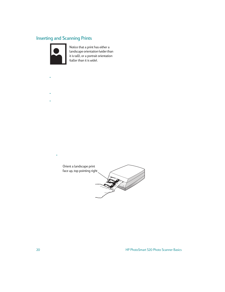 Inserting and scanning prints | HP S20 User Manual | Page 22 / 46