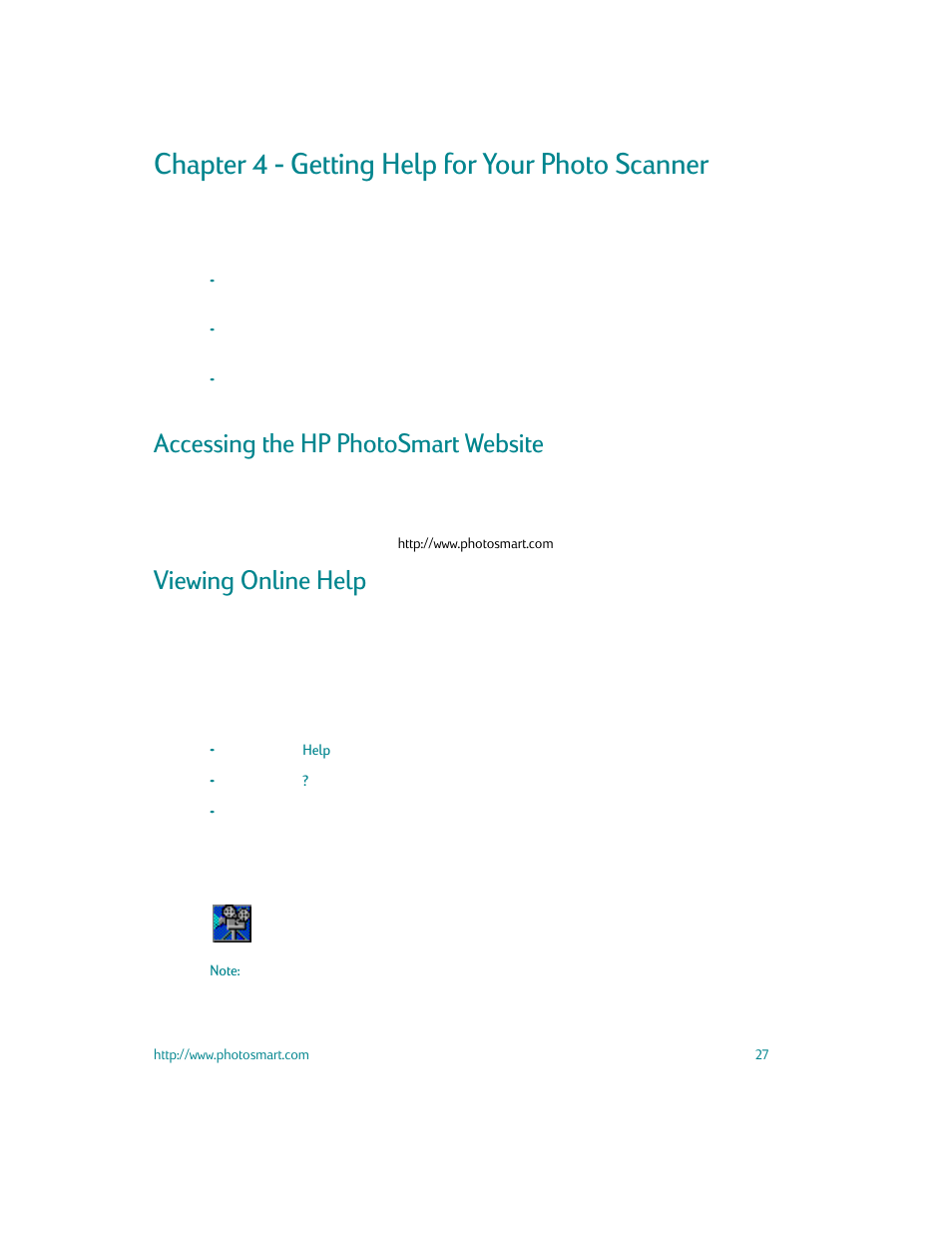 Chapter 4 - getting help for your photo scanner, Accessing the hp photosmart website, Viewing online help | HP S20 User Manual | Page 29 / 46