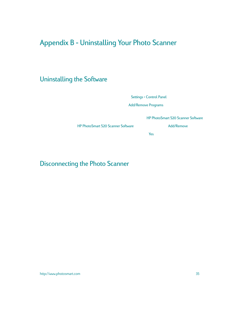Appendix b - uninstalling your photo scanner, Uninstalling the software, Disconnecting the photo scanner | HP S20 User Manual | Page 37 / 46