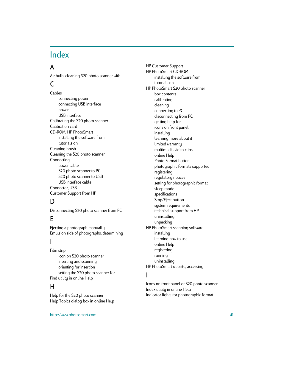 Index | HP S20 User Manual | Page 43 / 46