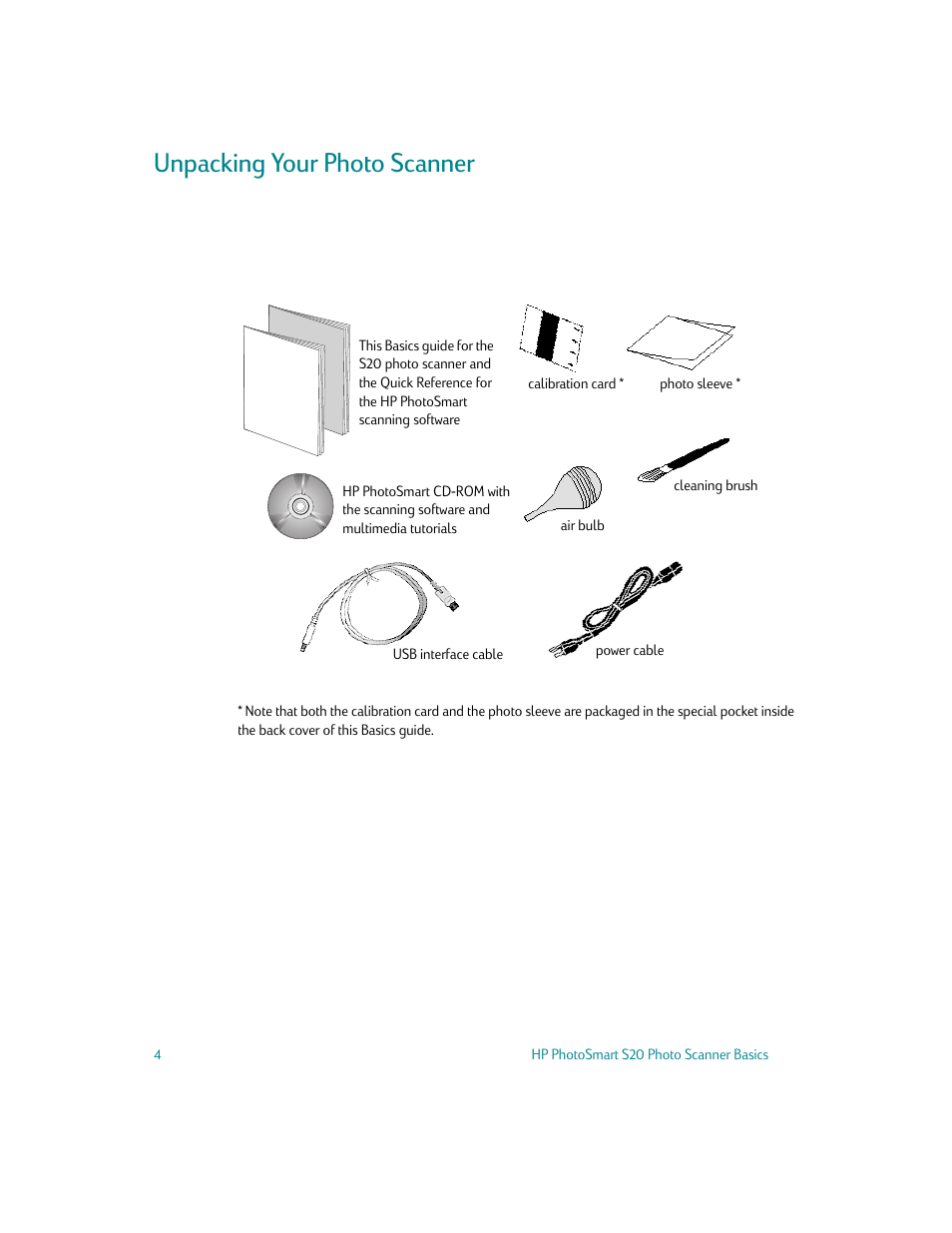 Unpacking your photo scanner | HP S20 User Manual | Page 6 / 46