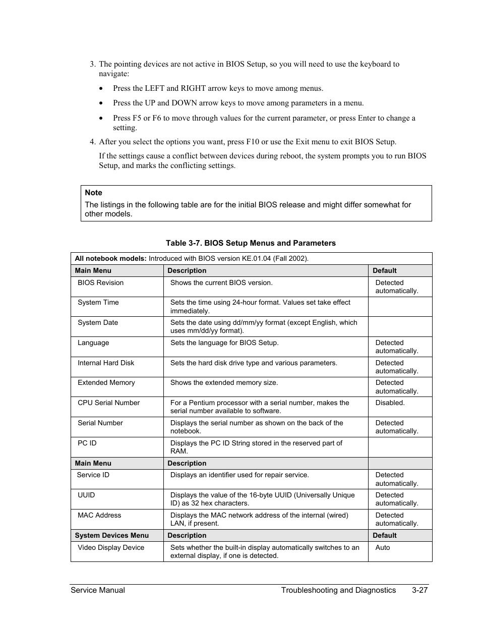 Table 3-7. bios setup menus and parameters -27 | HP ze4200 User Manual | Page 100 / 126