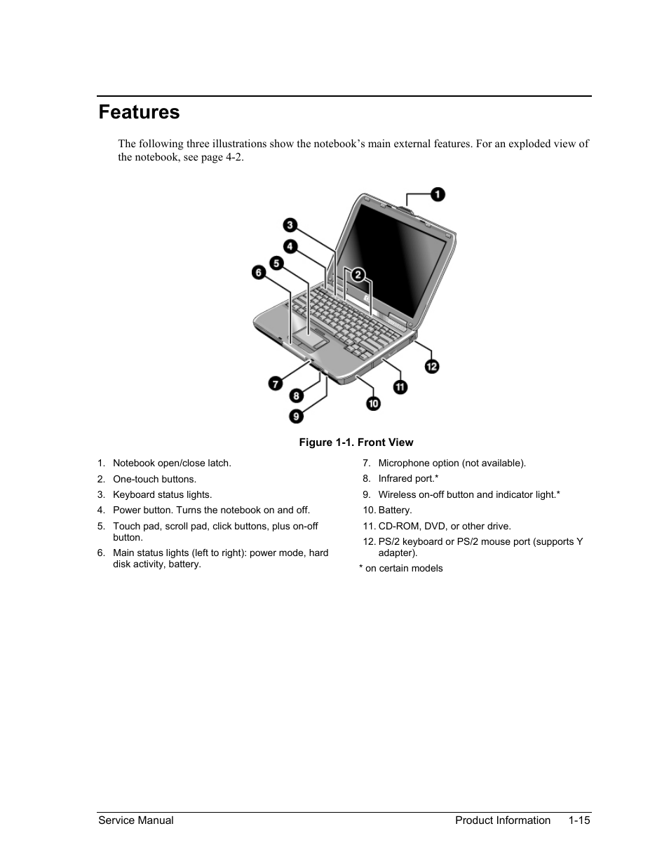 Features, Features -15, Figure 1-1. front view -15 | HP ze4200 User Manual | Page 21 / 126