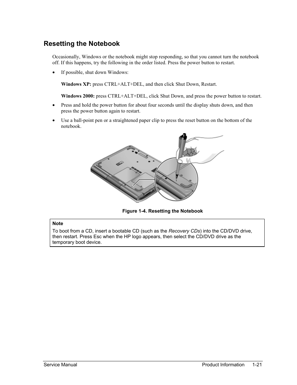 Resetting the notebook, Resetting the notebook -21, Figure 1-4. resetting the notebook -21 | HP ze4200 User Manual | Page 27 / 126