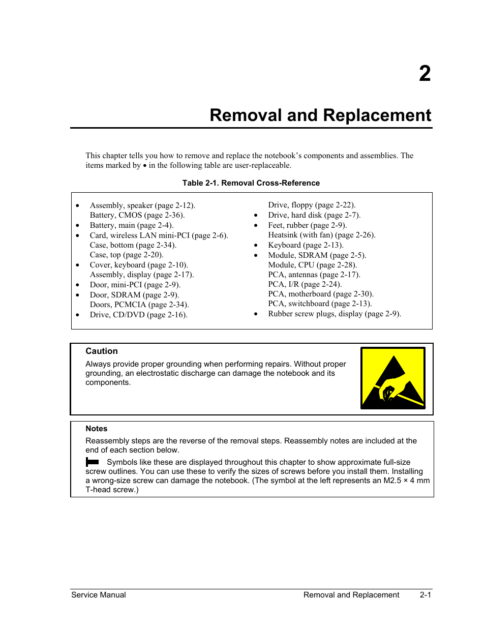 Removal and replacement, Removal and replacement -1, Table 2-1. removal cross-reference -1 | HP ze4200 User Manual | Page 35 / 126