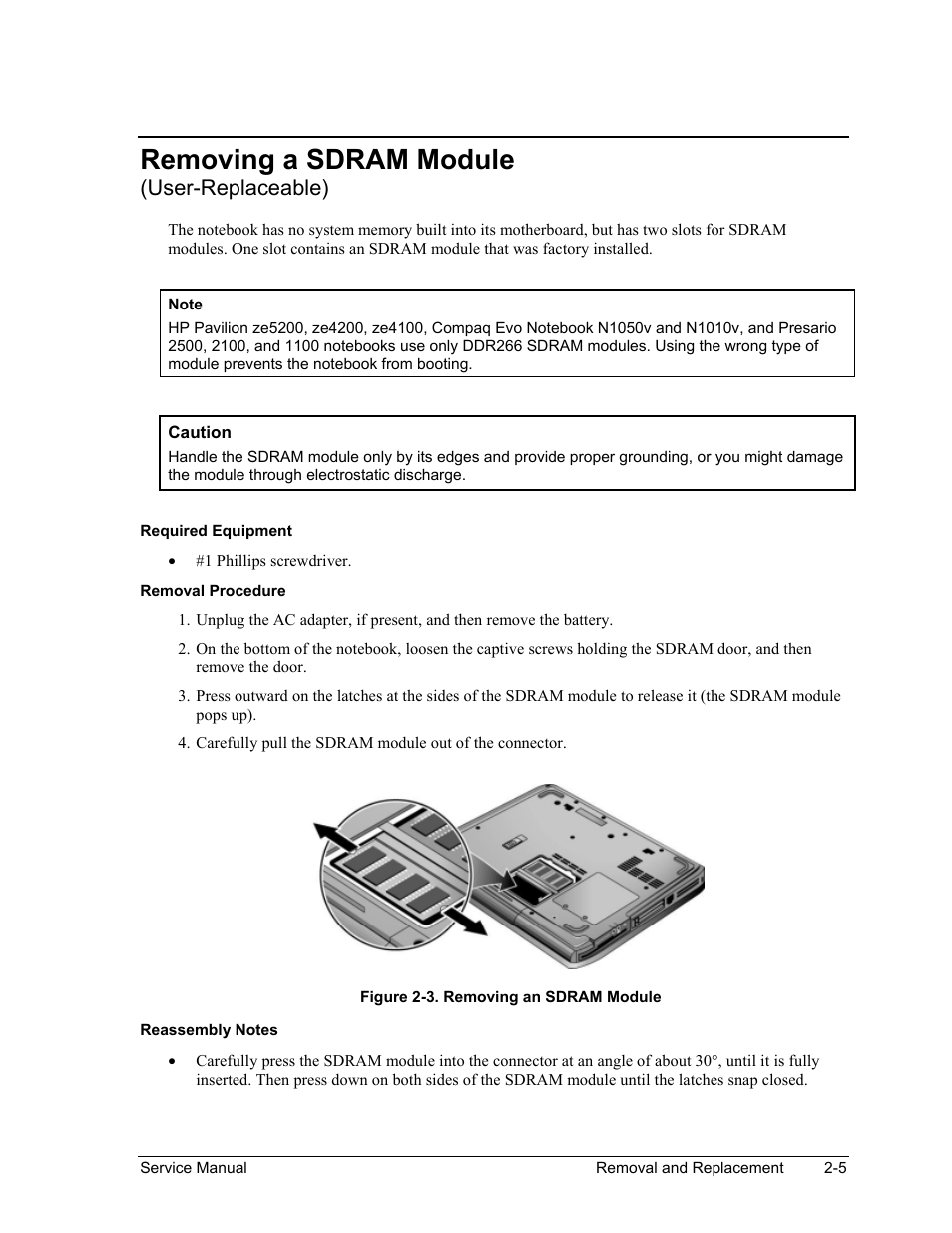 Removing a sdram module (user-replaceable), Removing a sdram module (user-replaceable) -5, Figure 2-3. removing an sdram module -5 | Removing a sdram module, User-replaceable) | HP ze4200 User Manual | Page 39 / 126