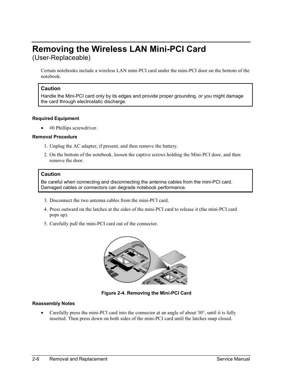 Figure 2-4. removing the mini-pci card -6, Removing the wireless lan mini-pci card, User-replaceable) | HP ze4200 User Manual | Page 40 / 126