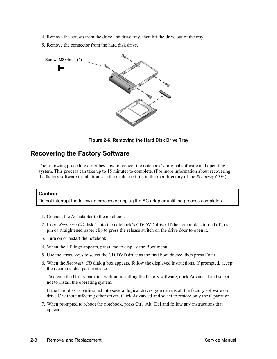 Figure 2-6. removing the hard disk drive tray -8, Recovering the factory software | HP ze4200 User Manual | Page 42 / 126