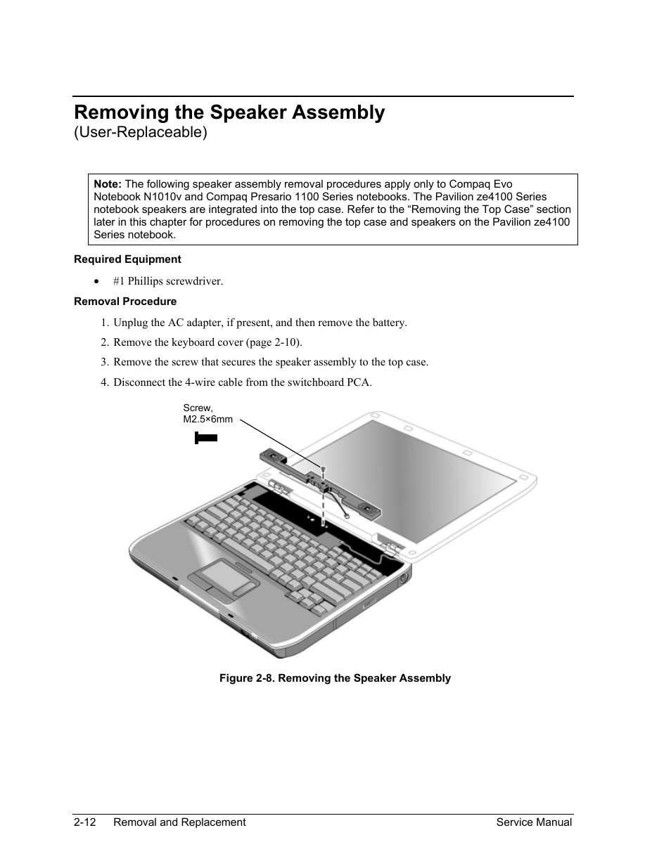 Removing the speaker assembly (user-replaceable), Figure 2-8. removing the speaker assembly -12, Removing the speaker assembly | User-replaceable) | HP ze4200 User Manual | Page 46 / 126