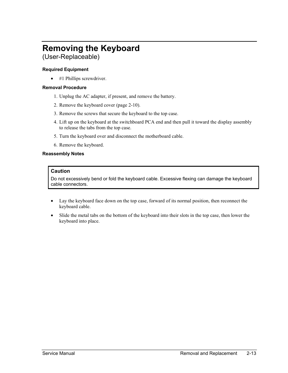 Removing the keyboard (user-replaceable), Removing the keyboard (user-replaceable) -13, Removing the keyboard | User-replaceable) | HP ze4200 User Manual | Page 47 / 126