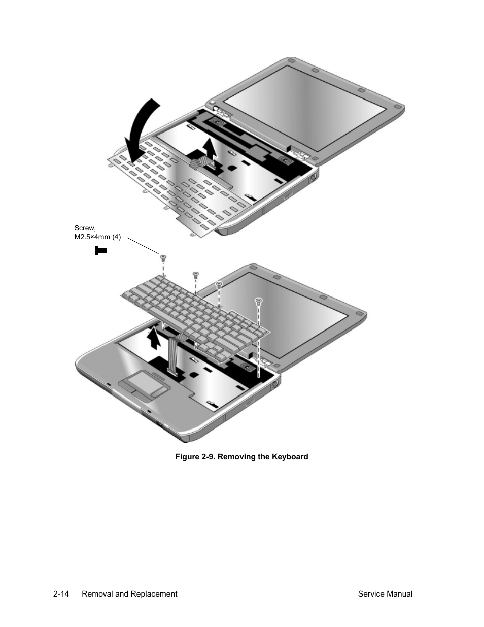 Figure 2-9. removing the keyboard -14 | HP ze4200 User Manual | Page 48 / 126