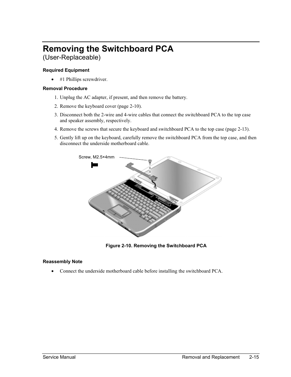 Removing the switchboard pca (user-replaceable), Figure 2-10. removing the switchboard pca -15, Removing the switchboard pca | User-replaceable) | HP ze4200 User Manual | Page 49 / 126