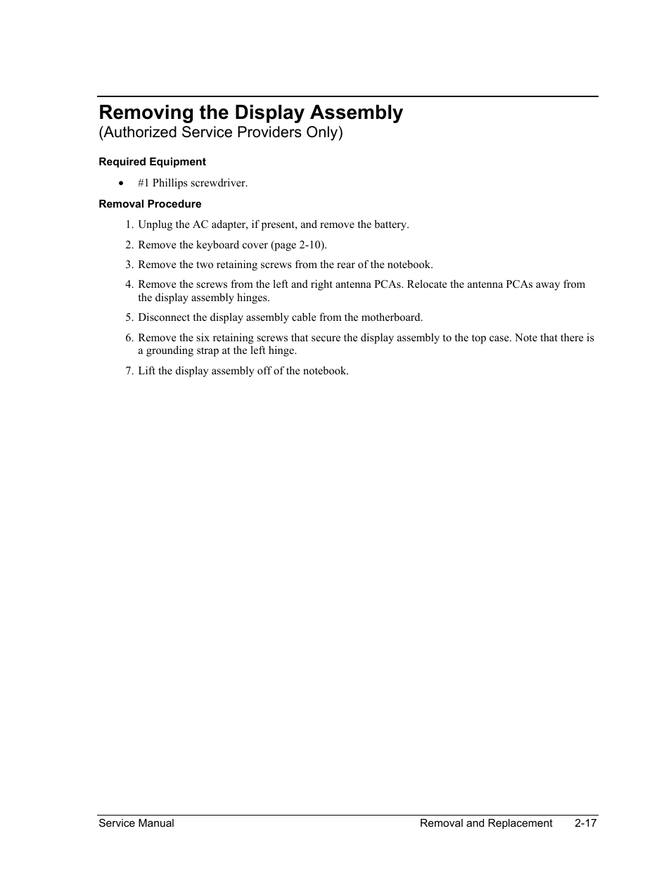 Removing the display assembly, Authorized service providers only) | HP ze4200 User Manual | Page 51 / 126