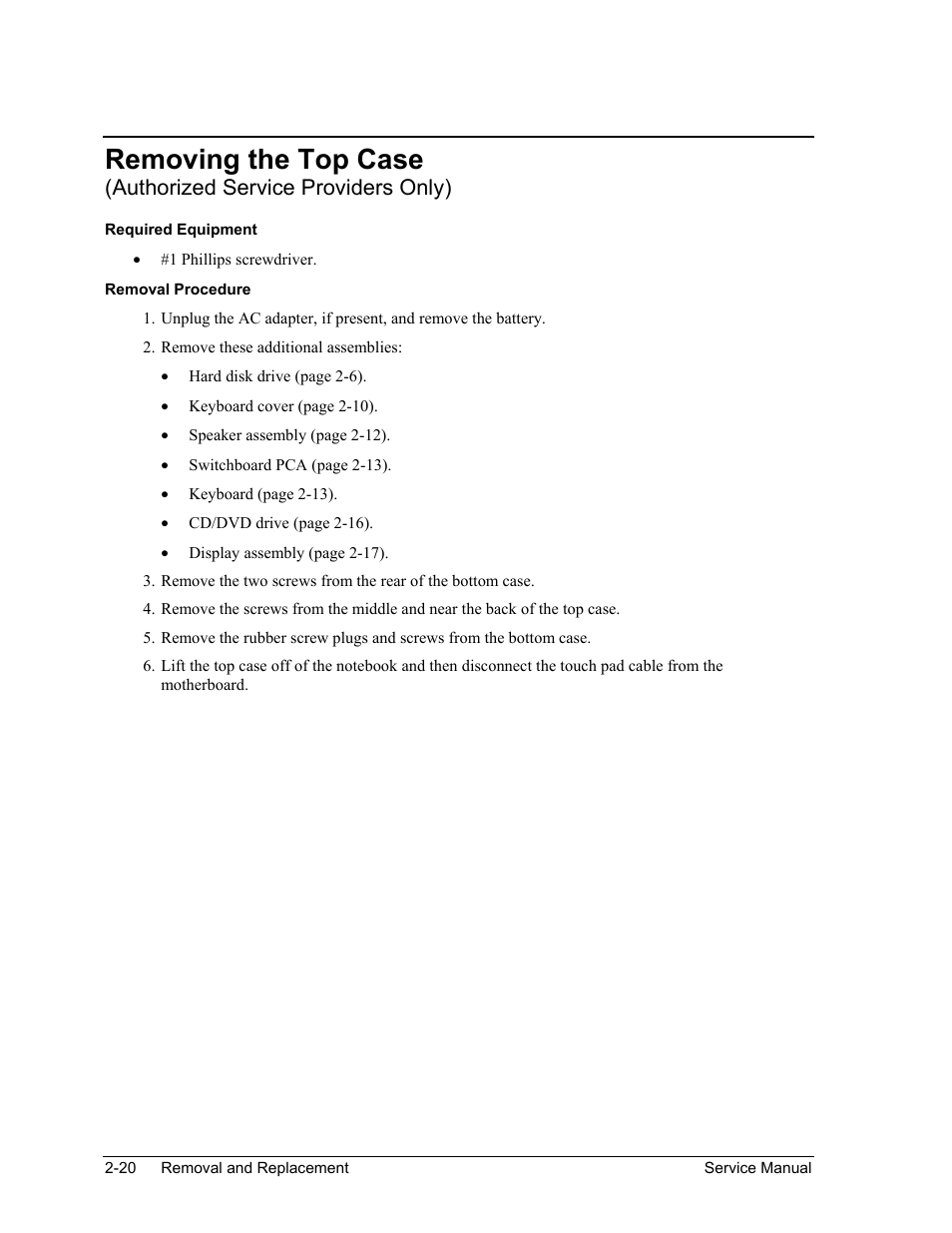 Removing the top case, Authorized service providers only) | HP ze4200 User Manual | Page 54 / 126