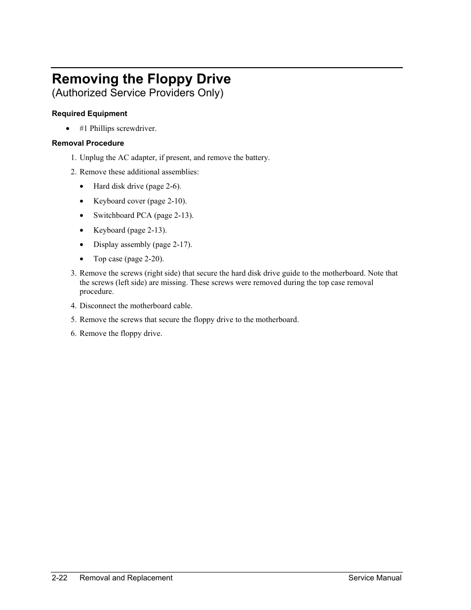 Removing the floppy drive, Authorized service providers only) | HP ze4200 User Manual | Page 56 / 126