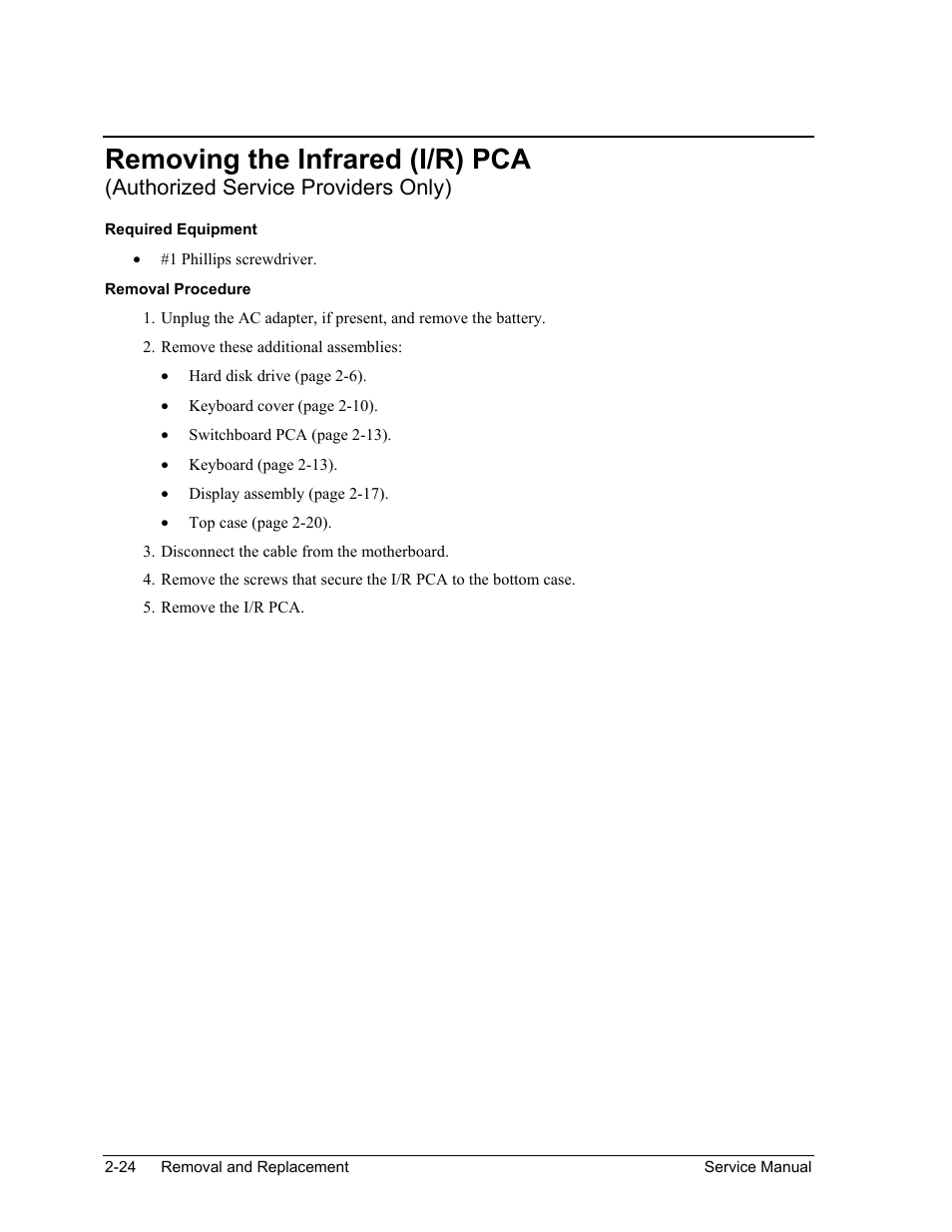 Removing the infrared (i/r) pca, Authorized service providers only) | HP ze4200 User Manual | Page 58 / 126