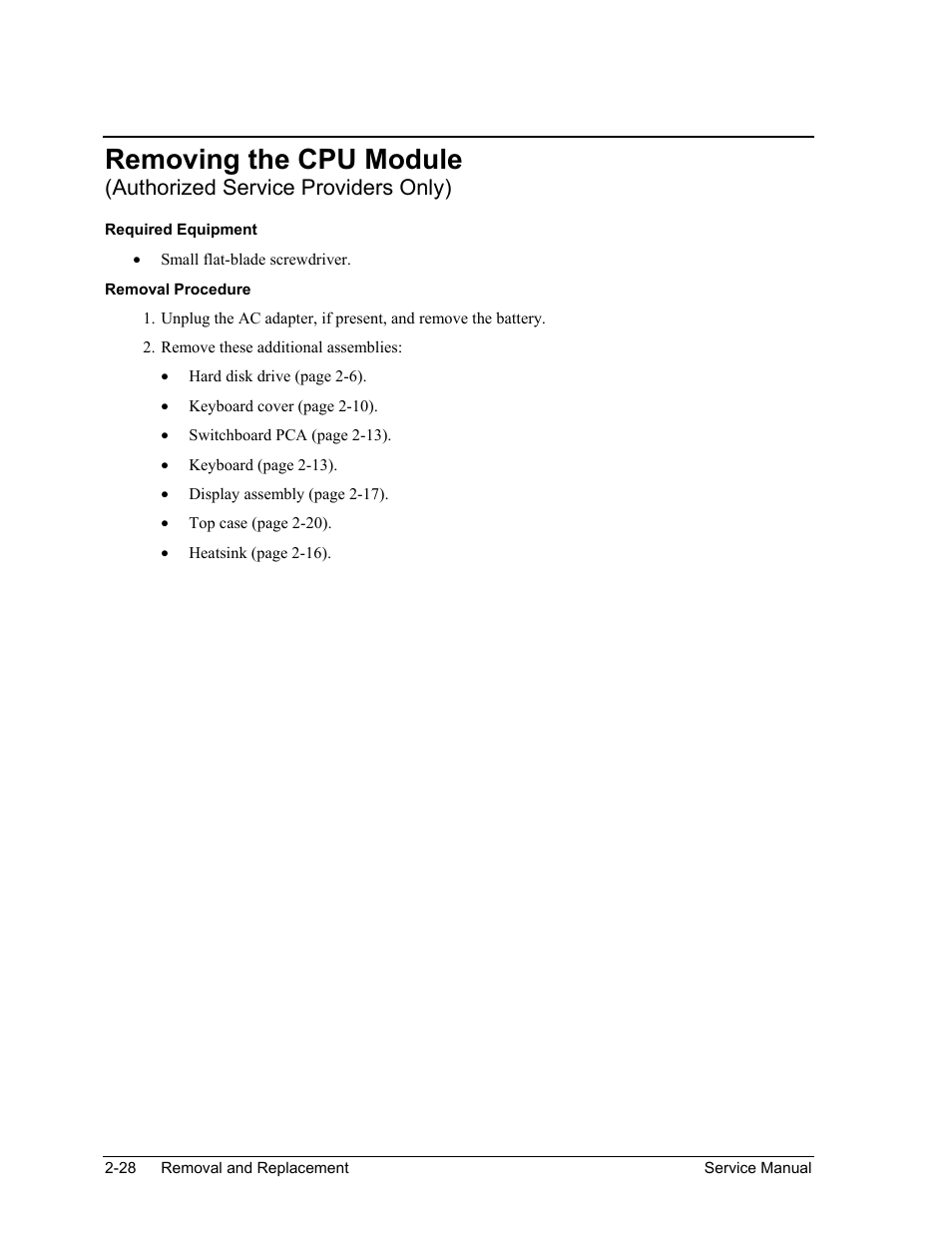 Removing the cpu module, Authorized service providers only) | HP ze4200 User Manual | Page 62 / 126