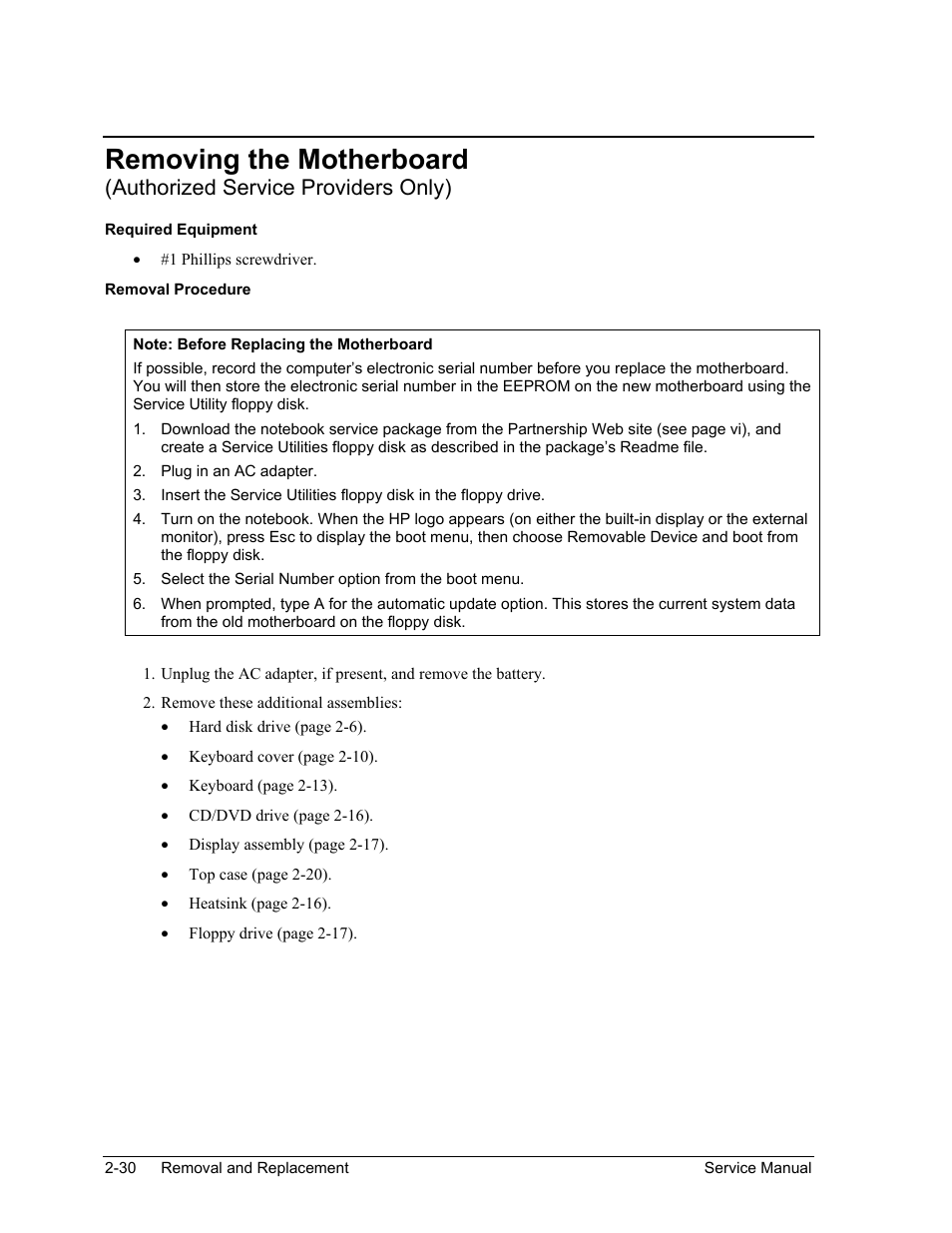 Removing the motherboard, Authorized service providers only) | HP ze4200 User Manual | Page 64 / 126