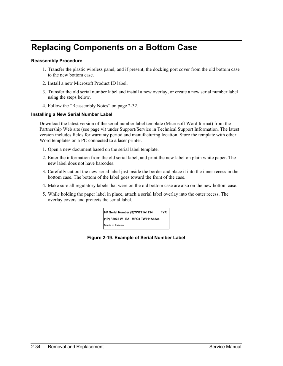 Replacing components on a bottom case, Replacing components on a bottom case -34, Figure 2-19. example of serial number label -34 | HP ze4200 User Manual | Page 68 / 126