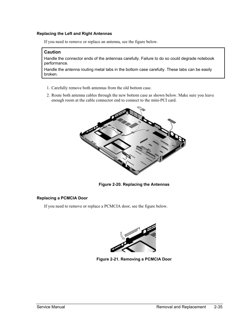 Figure 2-20. replacing the antennas -35, Figure 2-21. removing a pcmcia door -35 | HP ze4200 User Manual | Page 69 / 126