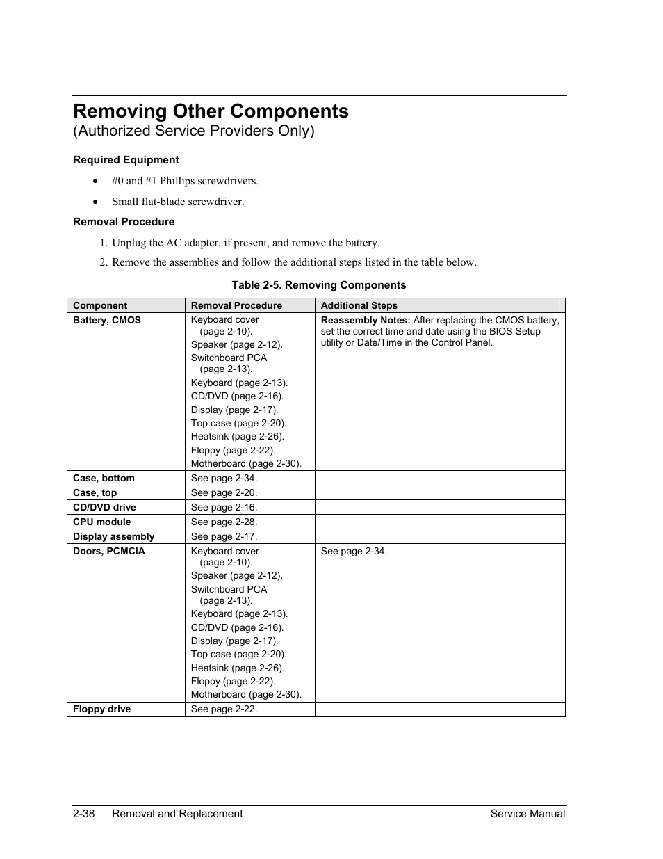 Table 2-5. removing components -38, Removing other components, Authorized service providers only) | HP ze4200 User Manual | Page 72 / 126