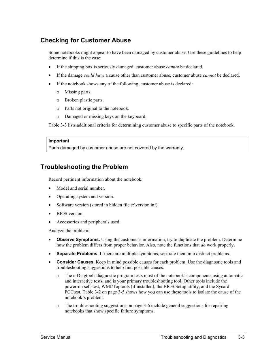 Checking for customer abuse, Troubleshooting the problem, Checking for customer abuse -3 | Troubleshooting the problem -3 | HP ze4200 User Manual | Page 76 / 126